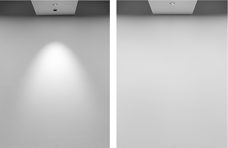 Exakte Lichtlenkung als Downlight (links), gleichmäßige Lichtverteilung, auch deckenbündig, als Wandfluter (rechts).