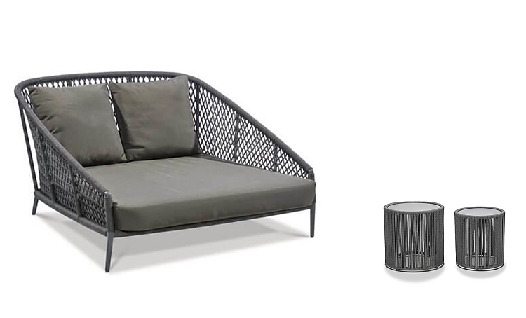 Das Sonnenbett "Ibiza" und Beistelltisch "Formentera" mit Kordelflechtung
